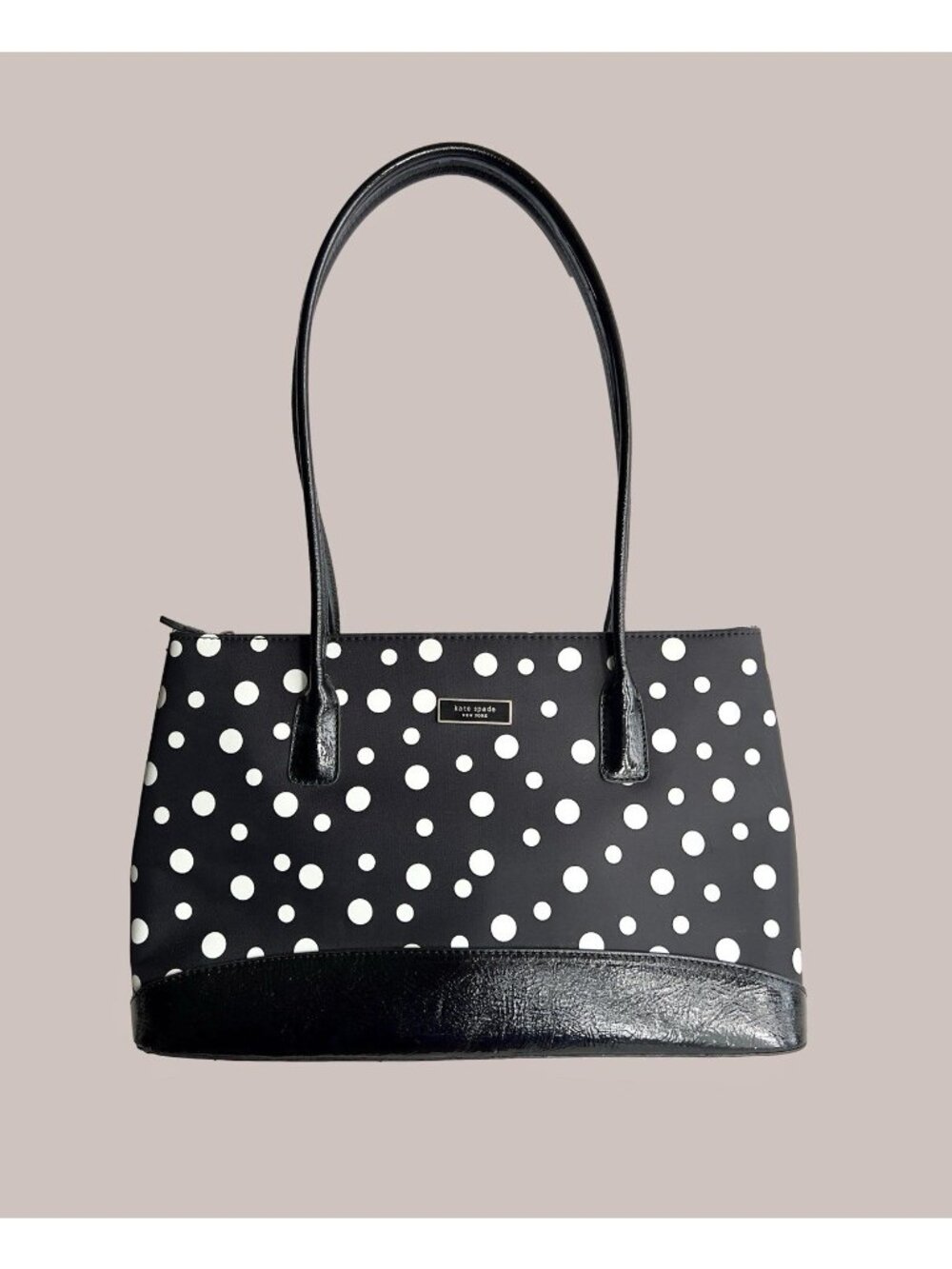 Kate Spade New York Black White Polka Dot Shoulder Leather Nylon Tote Bag
